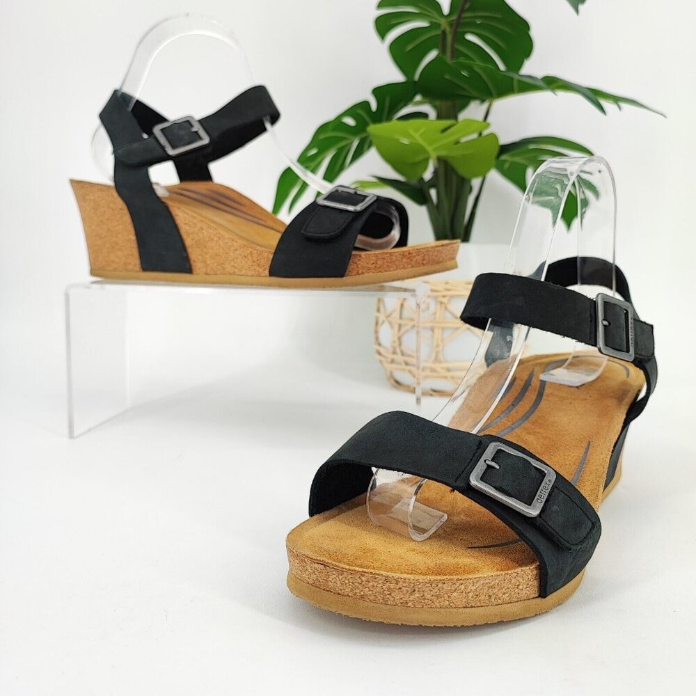 Aetrex Women’s Quarter Black Leather Strap Wedge Sandal Size 9 US
